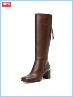 Faux Leather Knee High Boots Square Toe Chunky Heel Tall Boots